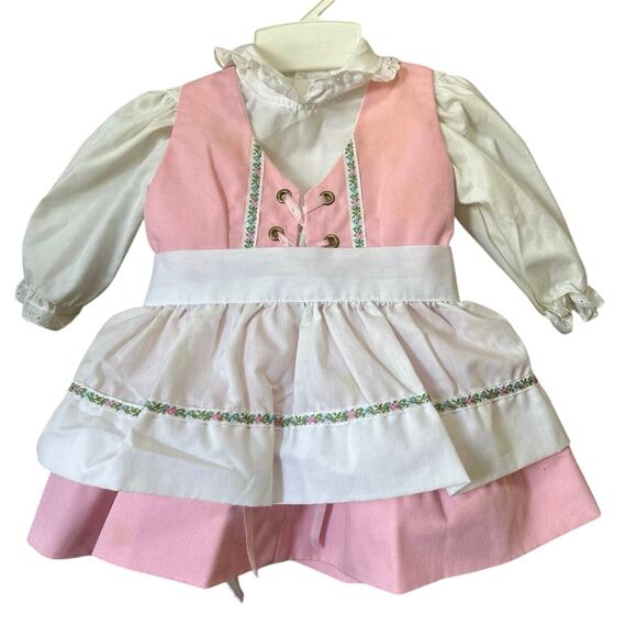 Vtg Infant 3piece Apron Shirt & Dress Set Pink/Wht Lace up 6-9 months - Picture 2 of 11